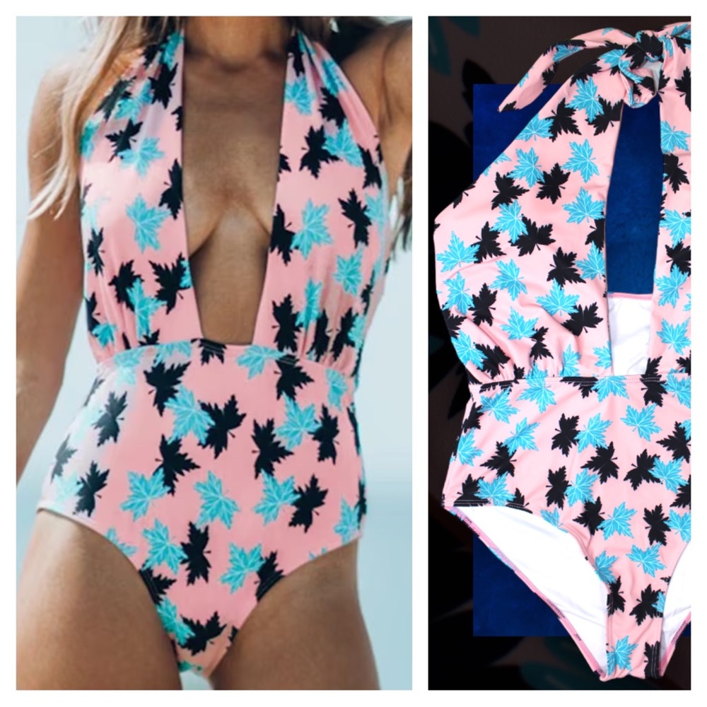 Pink Cupshe Tropical Resort Vacation Leaf Print One Piece High Cut Swimsuit